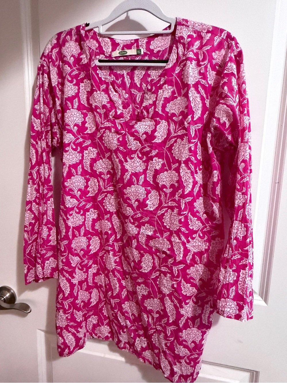 Dolma Hand Block Print Cotton Tunic Pink White Floral V Neck Side Slits XL